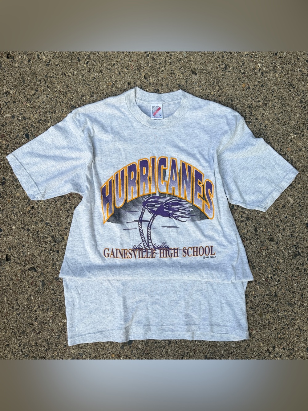 90s Hurricanes Gray Tee with Purple and Gold School Lettering